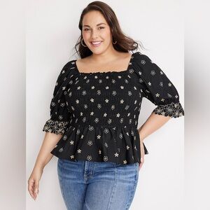 Edgely Plus Size Black Embroidered Floral Smocked Peplum Top Size 1X Square Neck